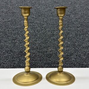 Vtg Brass Barley Twist Candlestick Holders Pair Spiral Stem 9" Shanghai China